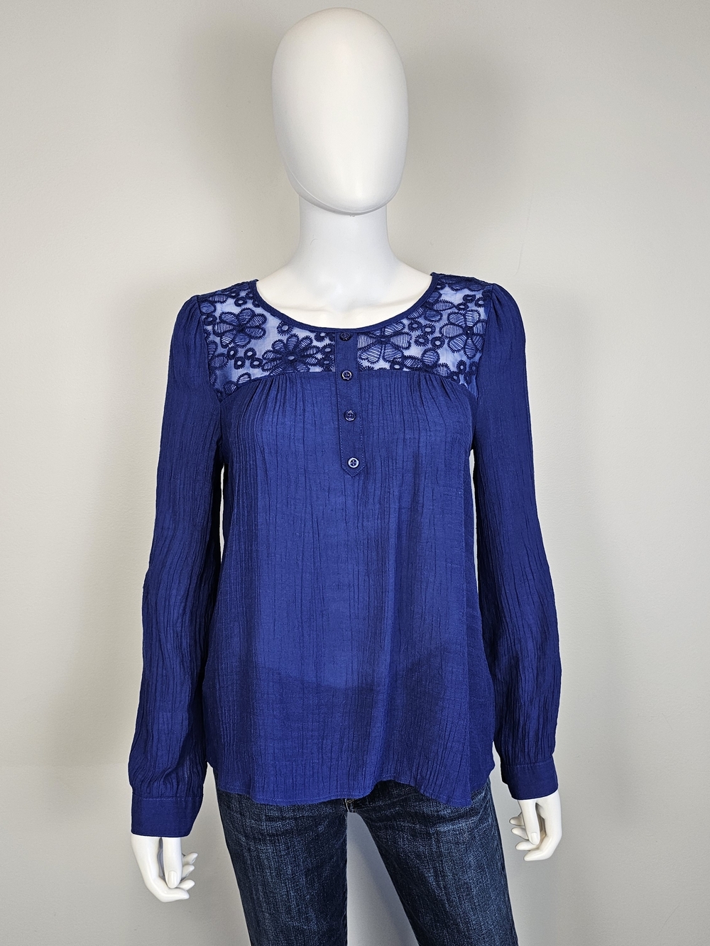Luisa Spagnoli Royal Blue Lace Yoke Long-Sleeve Blouse Sz M